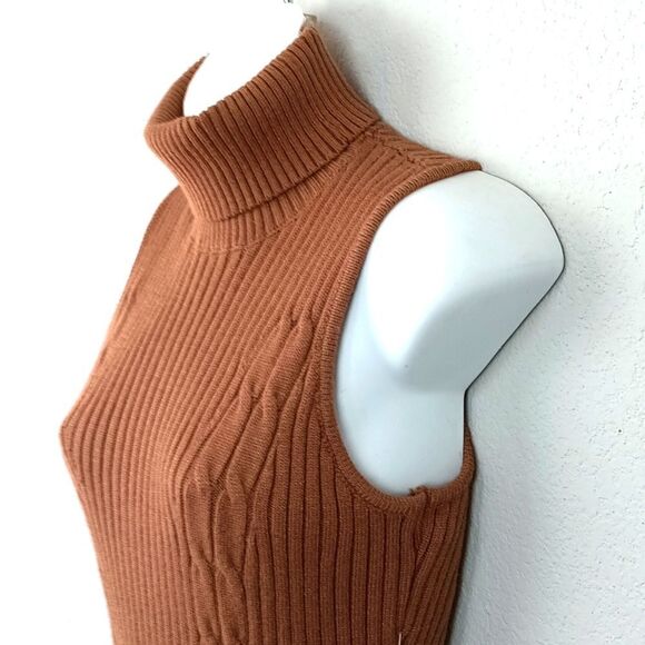 Women's BeBe tobacco brown sleeveless turtle neck cable knit midi dress sz M - Picture 4 of 13